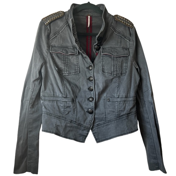 Free People Gray Utility Military Jacket with Red Trim and Gold Epaulets - Picture 2 of 16